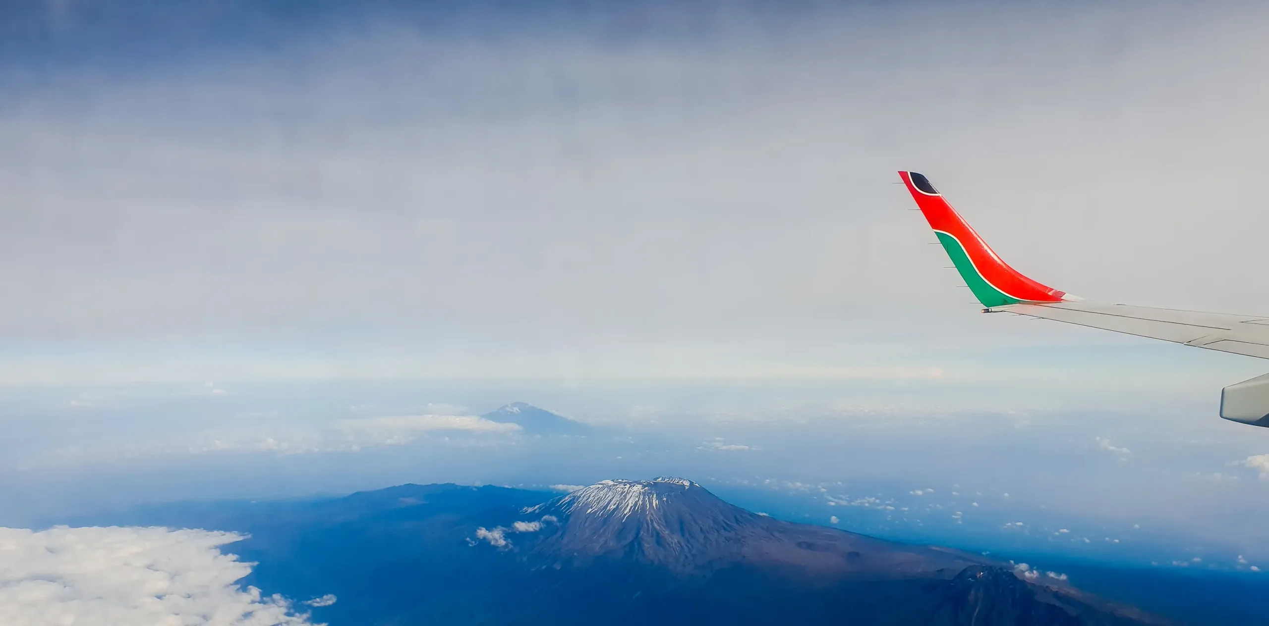 Aerial view of Mount Kilimanjaro summit from a flight arriving from South Africa.